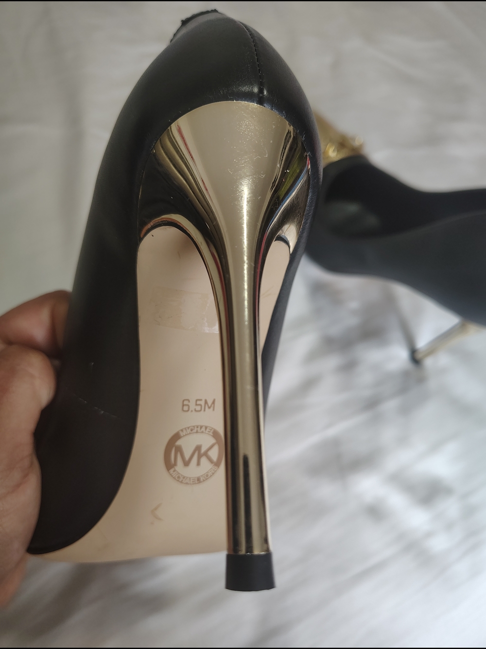 Michael Kors Black Leather Pointed Toe Pumps with Gold Caps - Picture 6 of 15